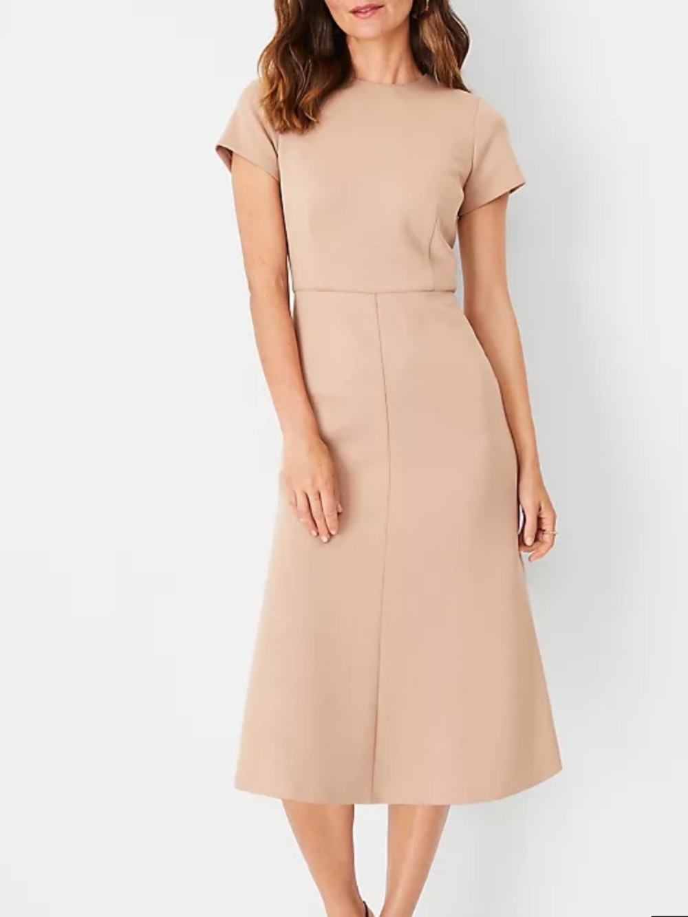 Ann Taylor The Flare Dress in Double Knit Camel Beige Midi Flare Dress